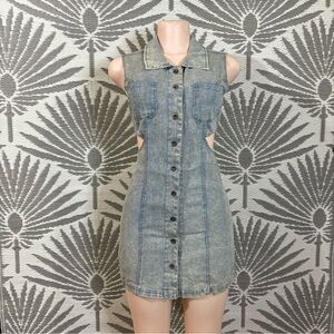 Vtg Y2K Denim Mini Dress Button Front Sz S Blue Sleeveless Side Cut Out Festival